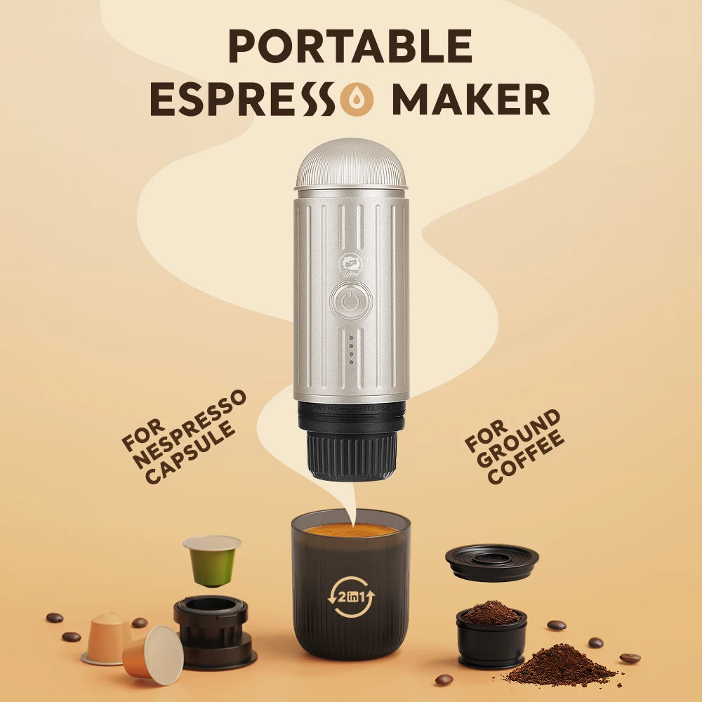 Portable espresso maker with Nespresso capsule and ground coffee options on a beige background