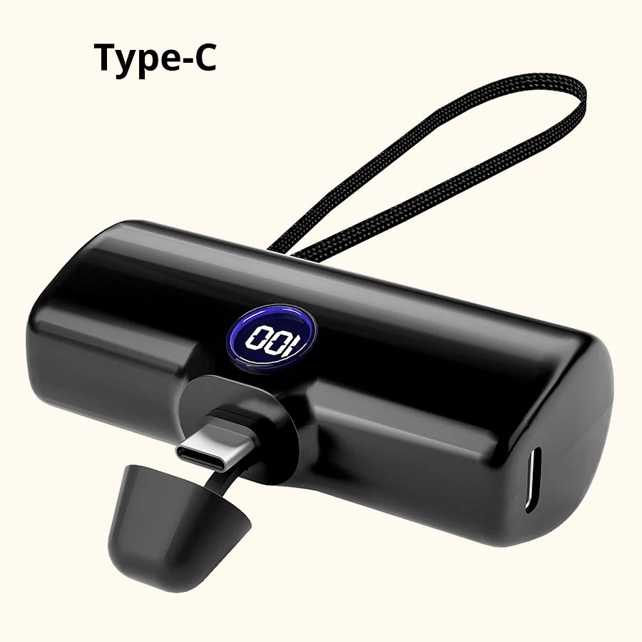 Black portable charger with Type-C connector on a white background