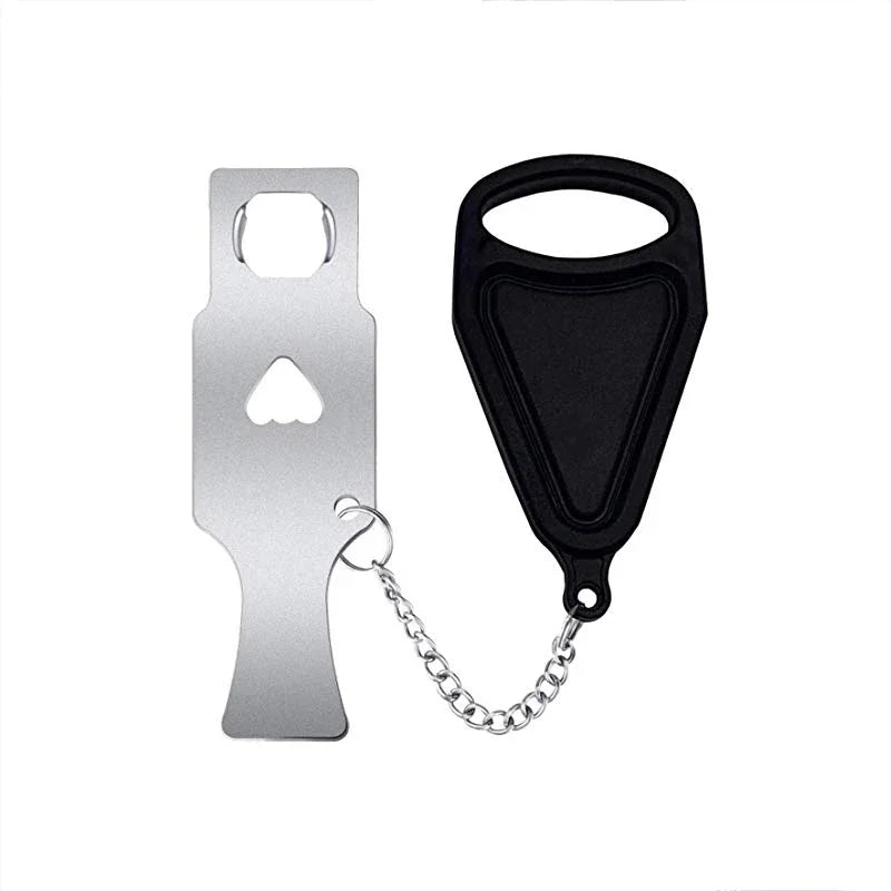 Metal bottle opener with heart design and black bottle opener with chain on a white background