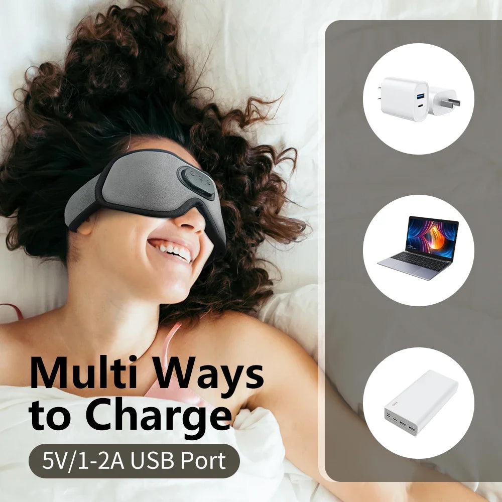 Woman wearing a gray sleep mask with charging options displayed on the right.