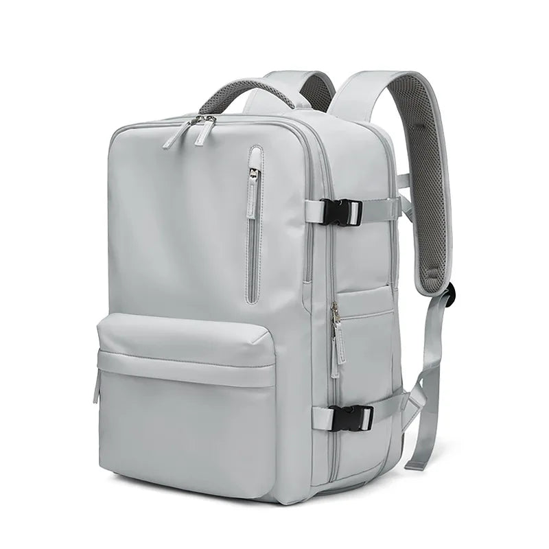 Light gray backpack with multiple zippers on a white background