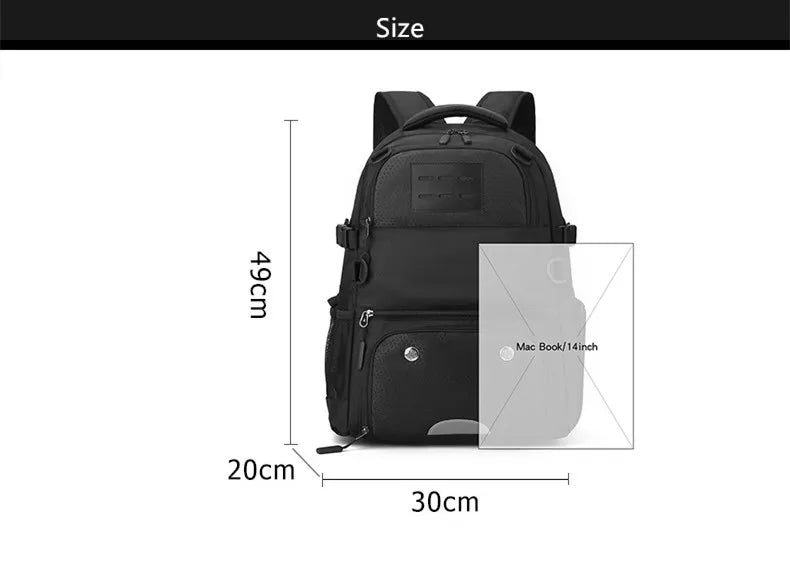 Black backpack with dimensions labeled on a white background