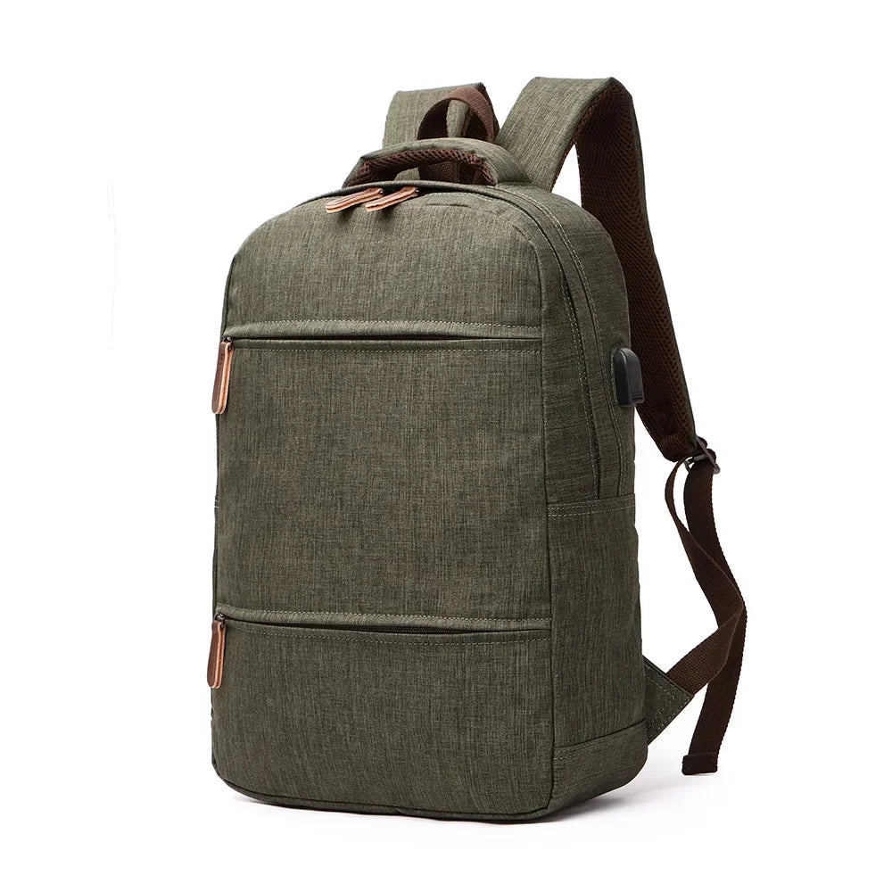 Green backpack with brown straps on a white background