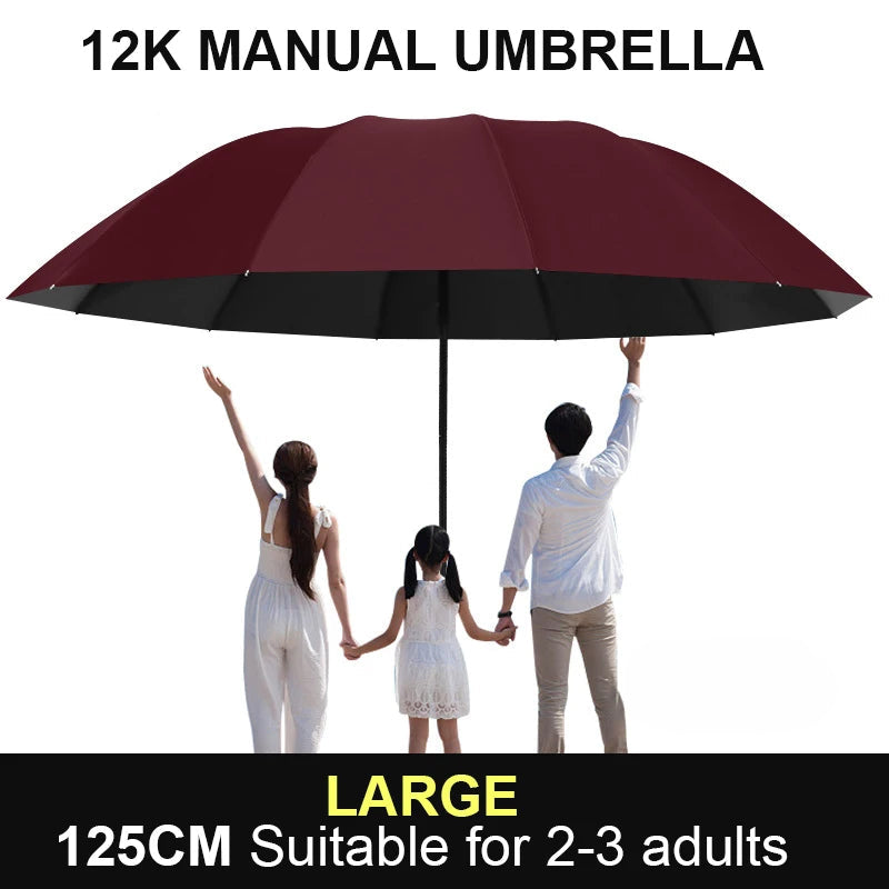 Wine-colored umbrella held by a family on a white background with text indicating size and suitability.