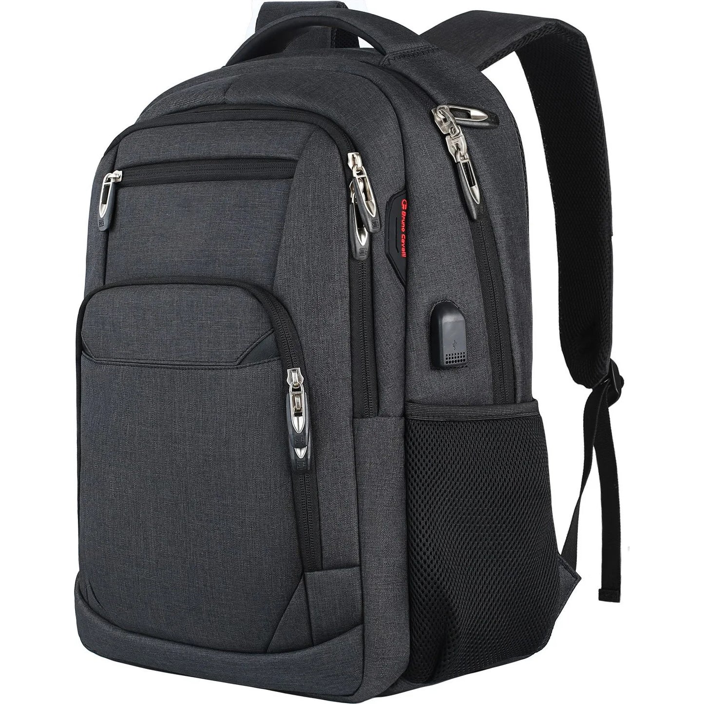 Gray backpack with multiple pockets and zippers on a white background