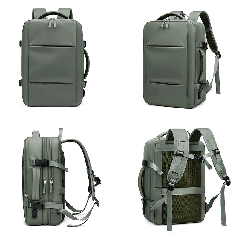 Green backpack shown from multiple angles on a white background