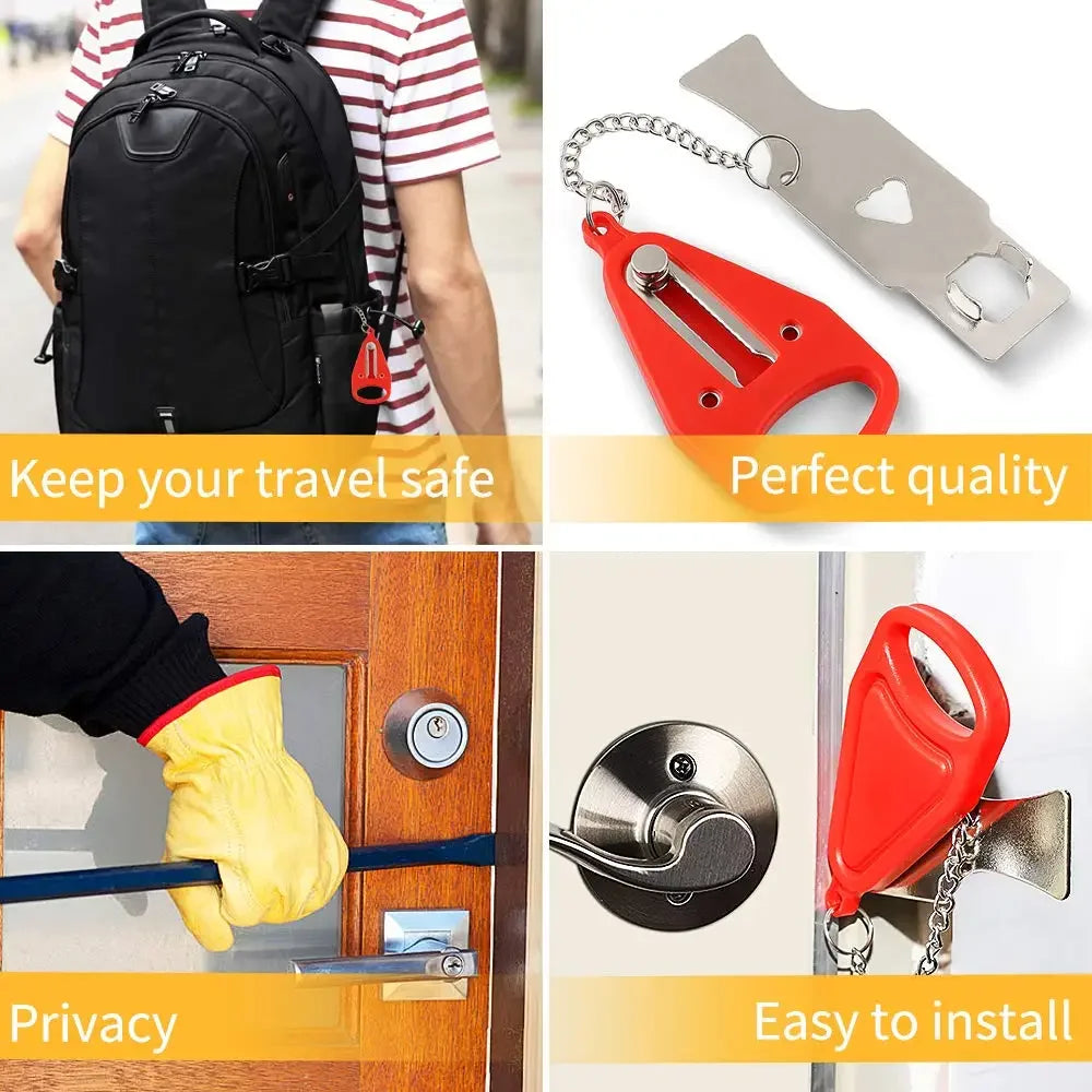 Product collage with backpack, lock, and installation process on a white background.
