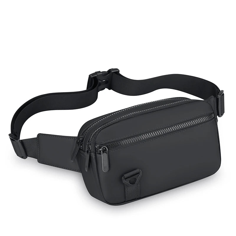 Black waist bag with multiple zippers on a white background