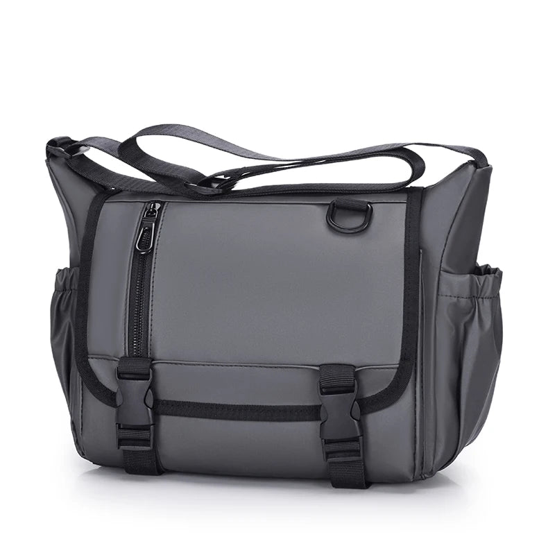 Gray shoulder bag with black straps on a white background