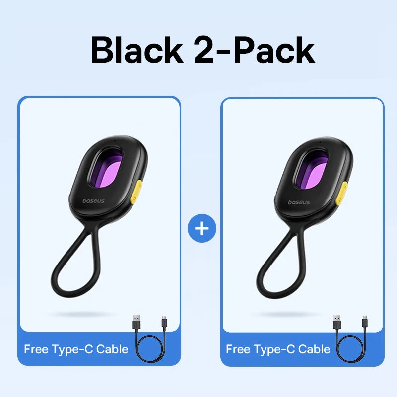 Two black devices with a purple component, each accompanied by a Type-C cable, on a light blue background.