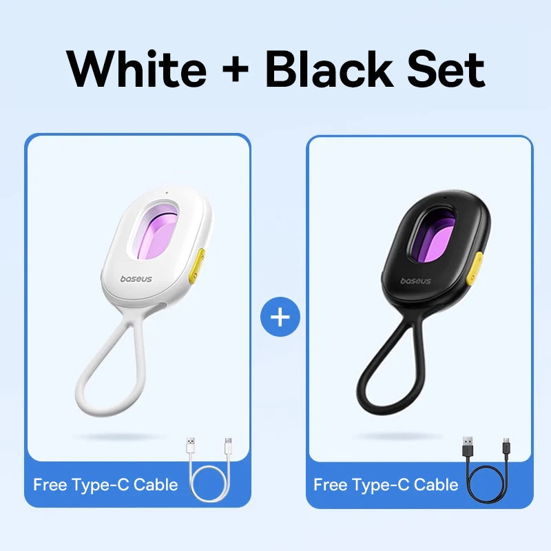 Two wireless earbuds, one white and one black, with 'baseus' branding on a light blue background.