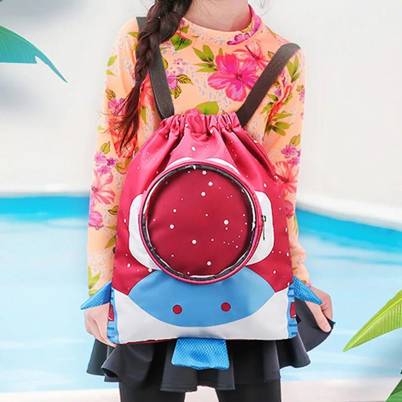 Child wearing a pink drawstring bag with cartoon character design against a poolside background
