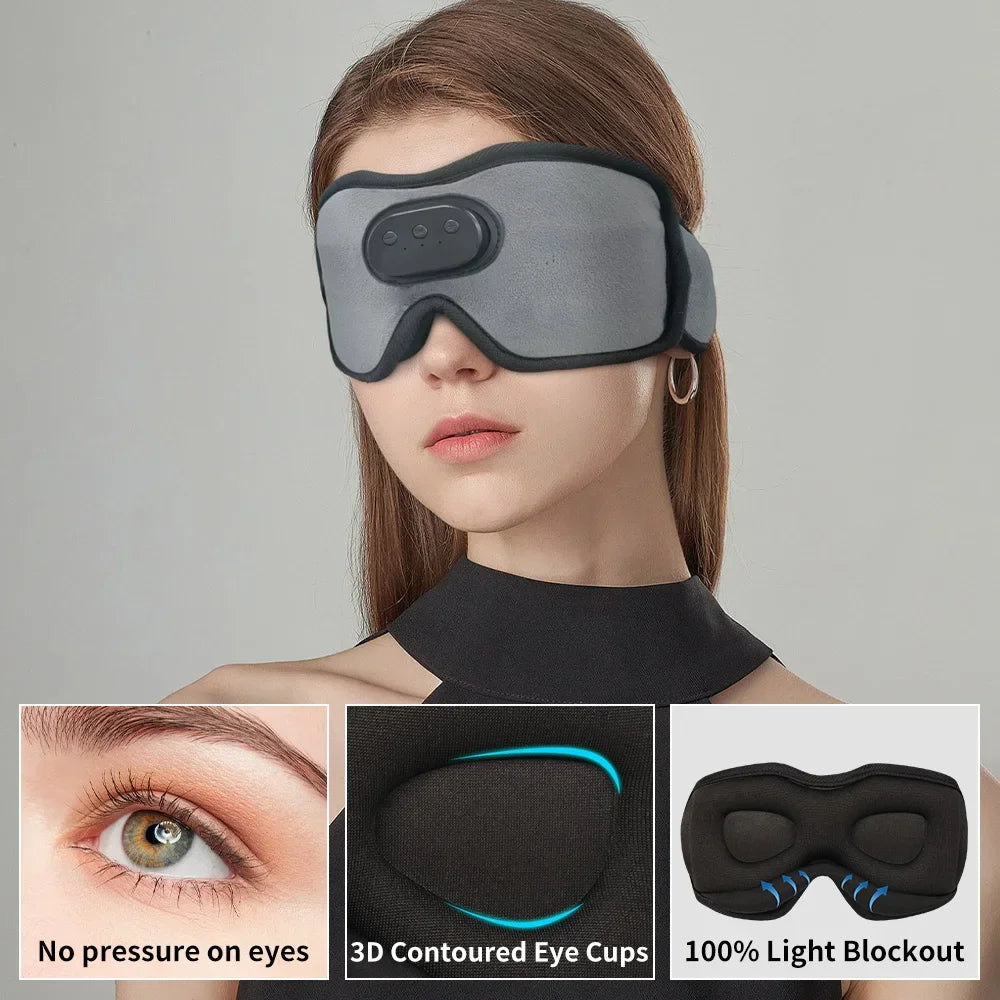 Woman wearing a gray sleep mask with insets showing its features on a gray background