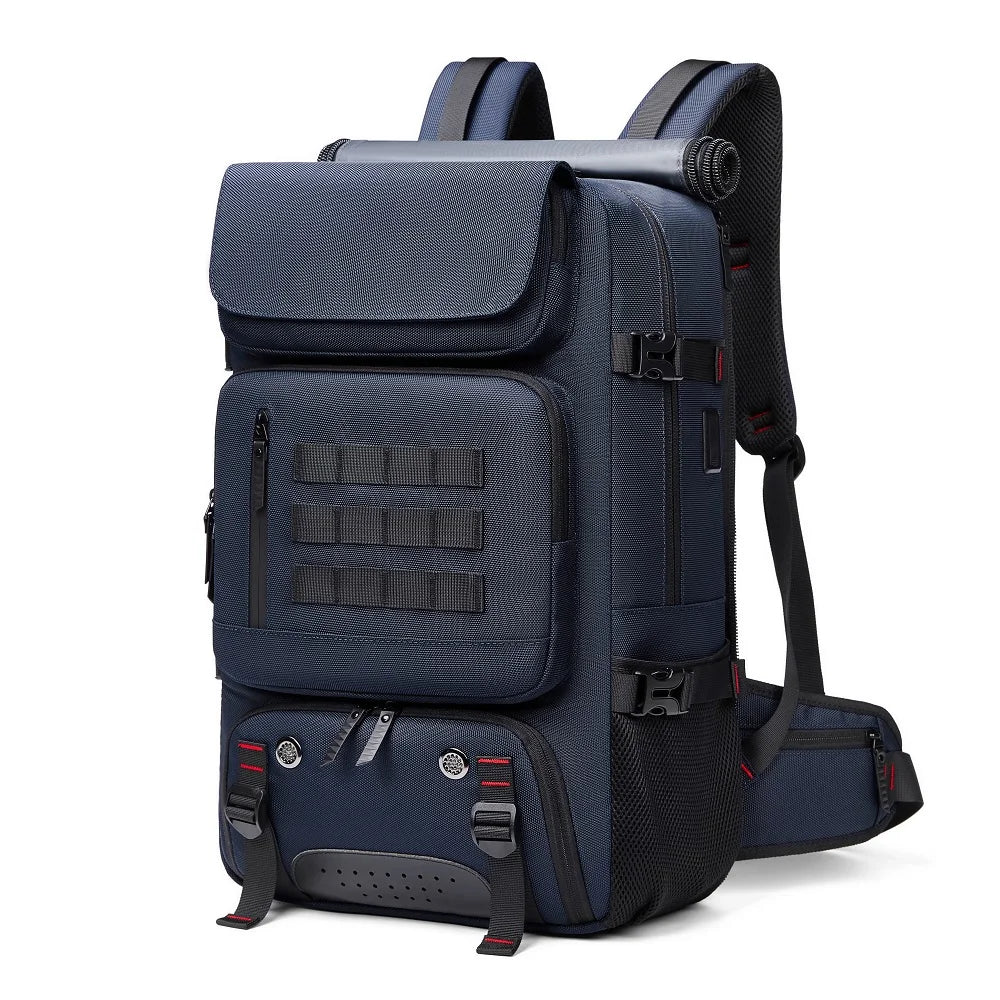 Blue backpack with multiple pockets and straps on a white background