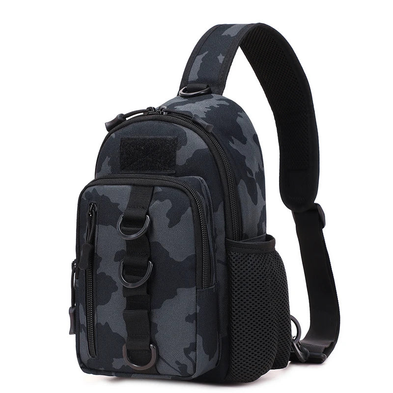 Camouflage sling bag with black straps on a white background