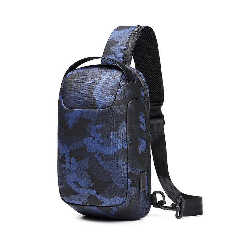 Blue camouflage sling bag on a white background
