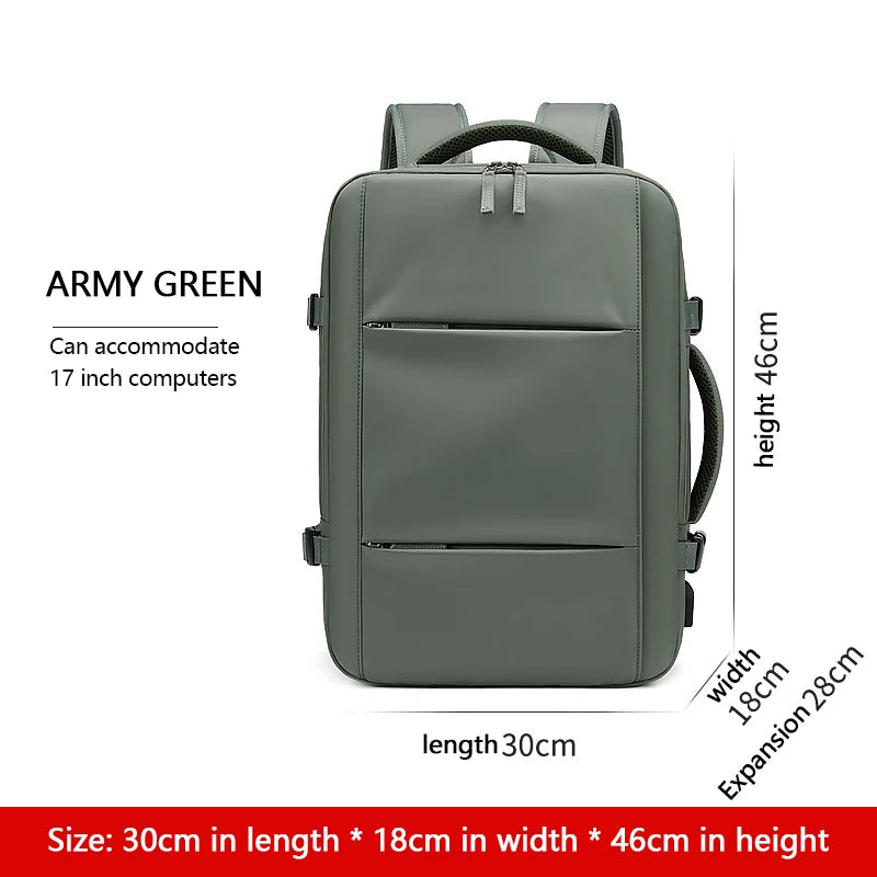 Army green backpack with dimensions and computer accommodation details on a white background