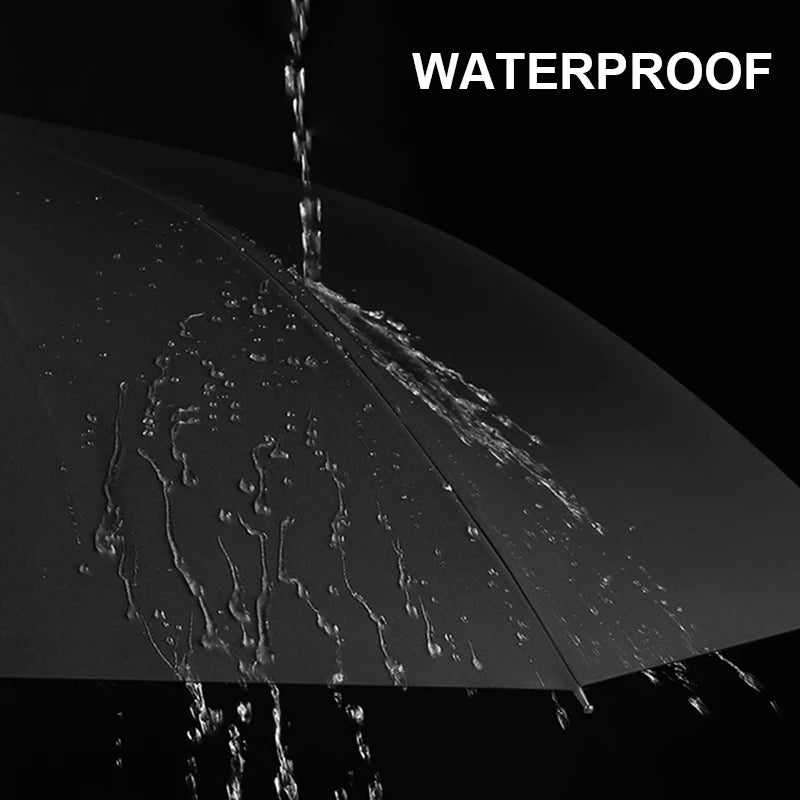 Umbrella with water droplets being poured onto it, labeled 'Waterproof'.