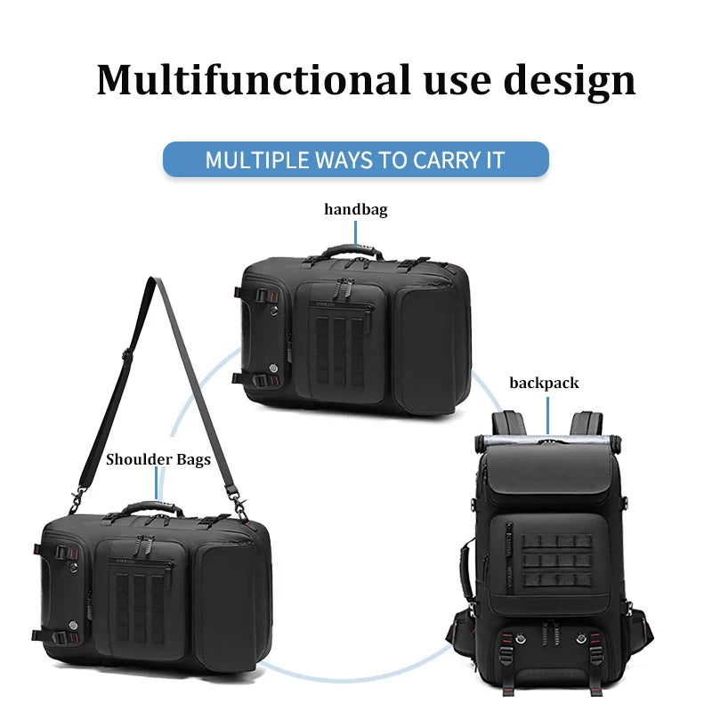 Black multifunctional bag shown in various carrying modes with text indicating multiple ways to carry it.