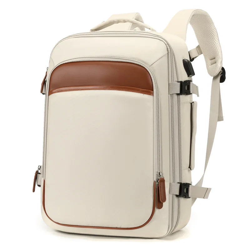 Beige backpack with brown accents on a white background