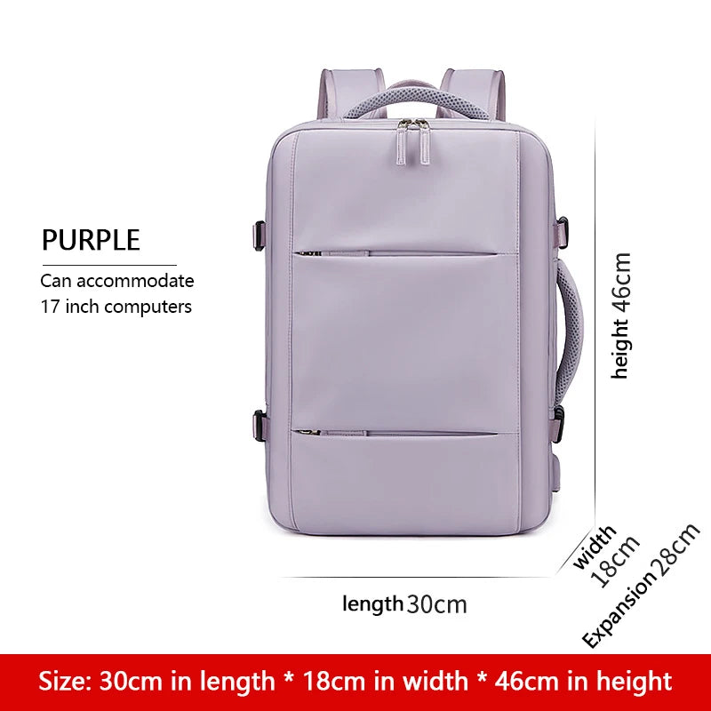 Purple backpack with dimensions and computer accommodation details on a white background