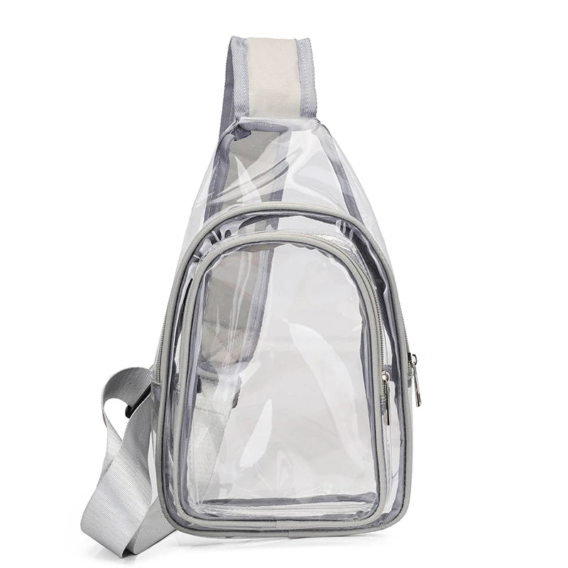 Clear sling bag with white strap on a white background
