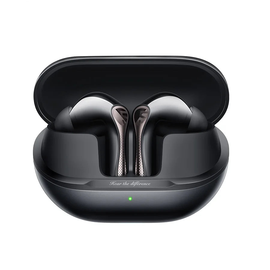 Black wireless earbuds in a charging case on a white background
