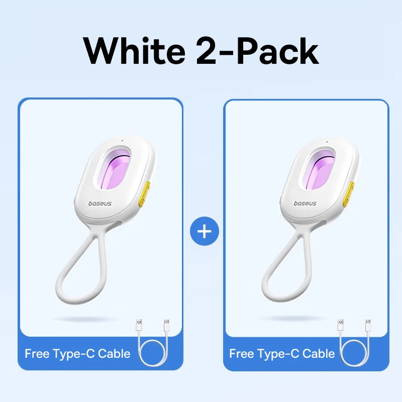 Two white electronic devices with a purple component on a light blue background, labeled 'White 2-Pack' with 'Free Type-C Cable' text.