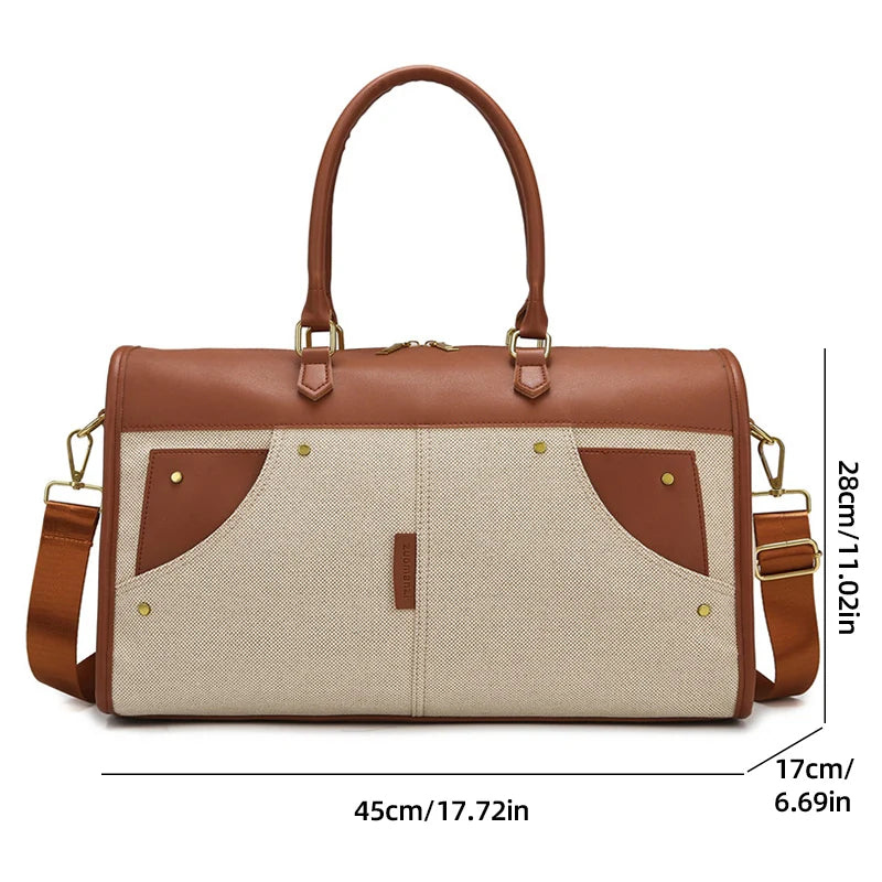 Brown and beige handbag with measurements on a white background