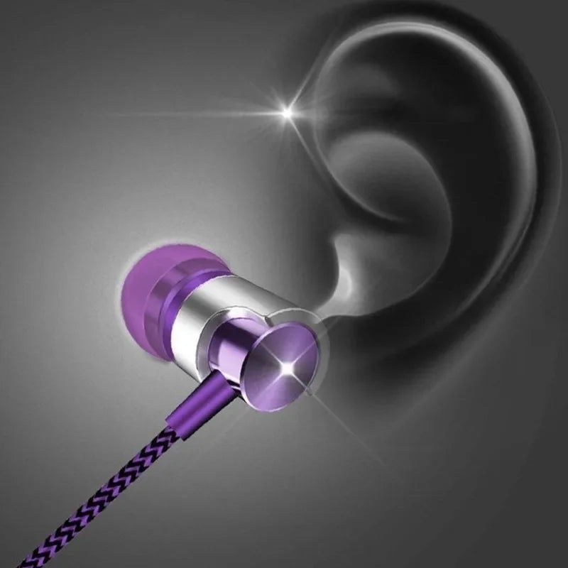 Purple and silver earbud with braided cable inside a stylized ear on a dark background