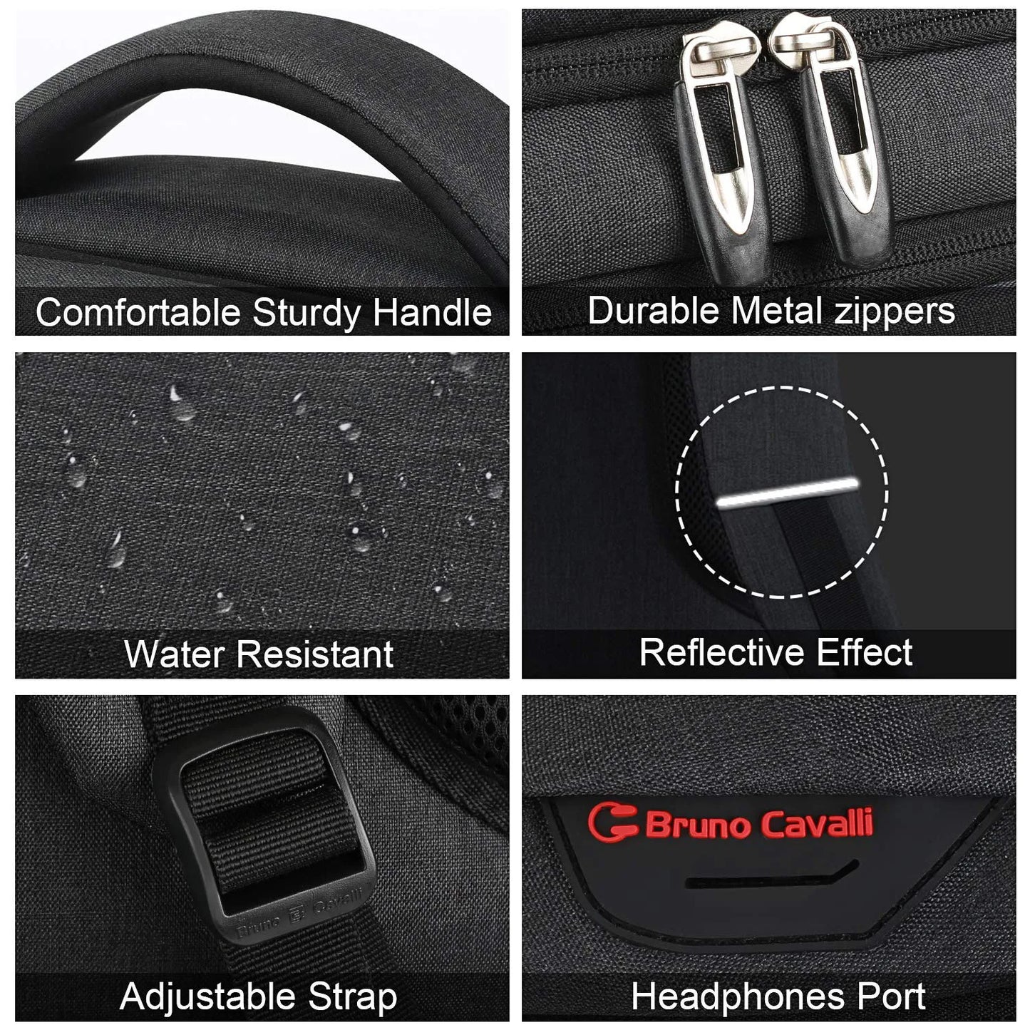 Collage of features including handle, zippers, water resistance, reflective effect, strap, and headphones port on a black bag with Bruno Cavalli branding.