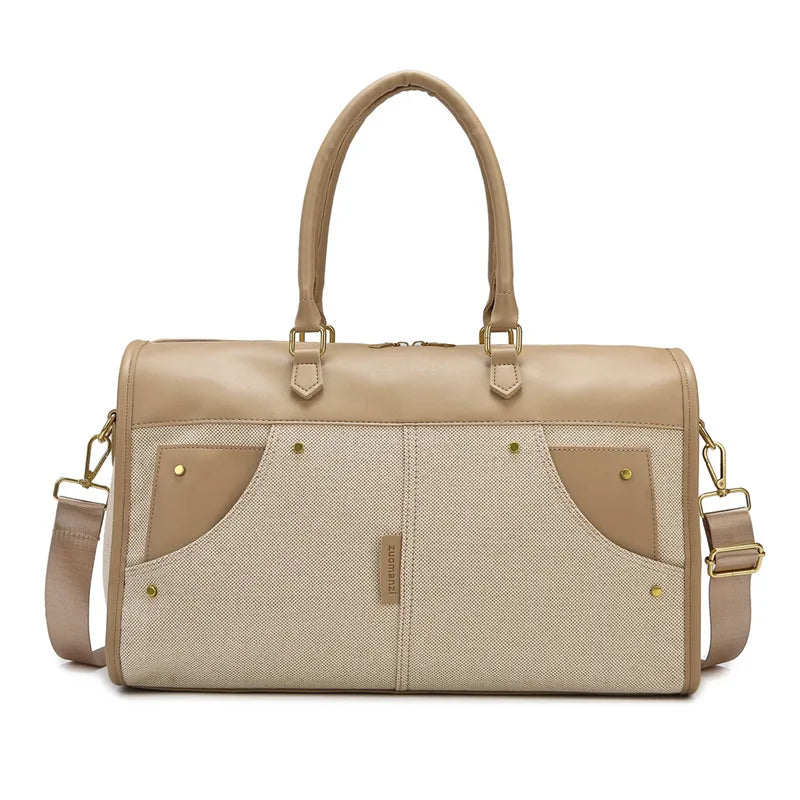 Beige handbag with a shoulder strap on a white background