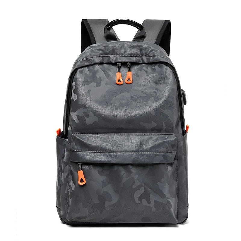 Gray camouflage backpack with orange accents on a white background