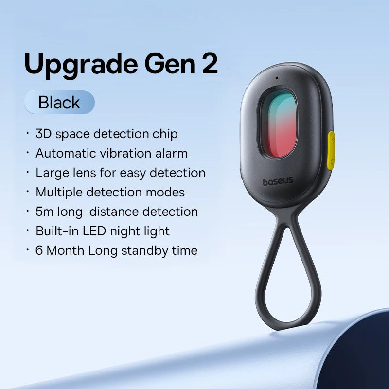 Black electronic device with features listed on a light blue background