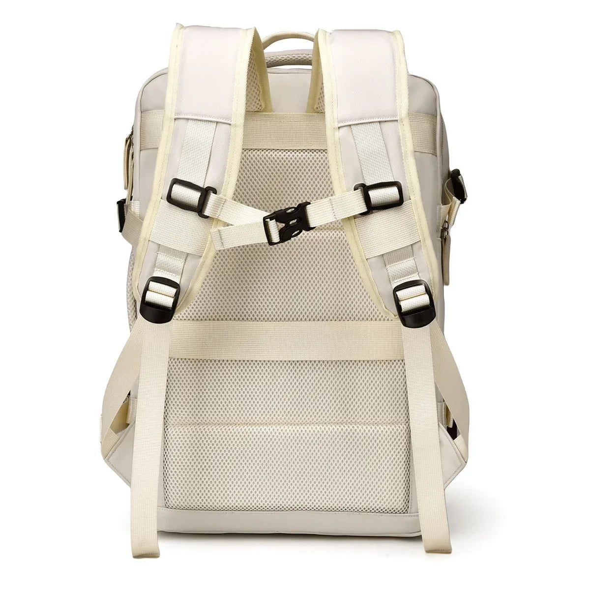 Back view of a beige backpack with straps on a white background