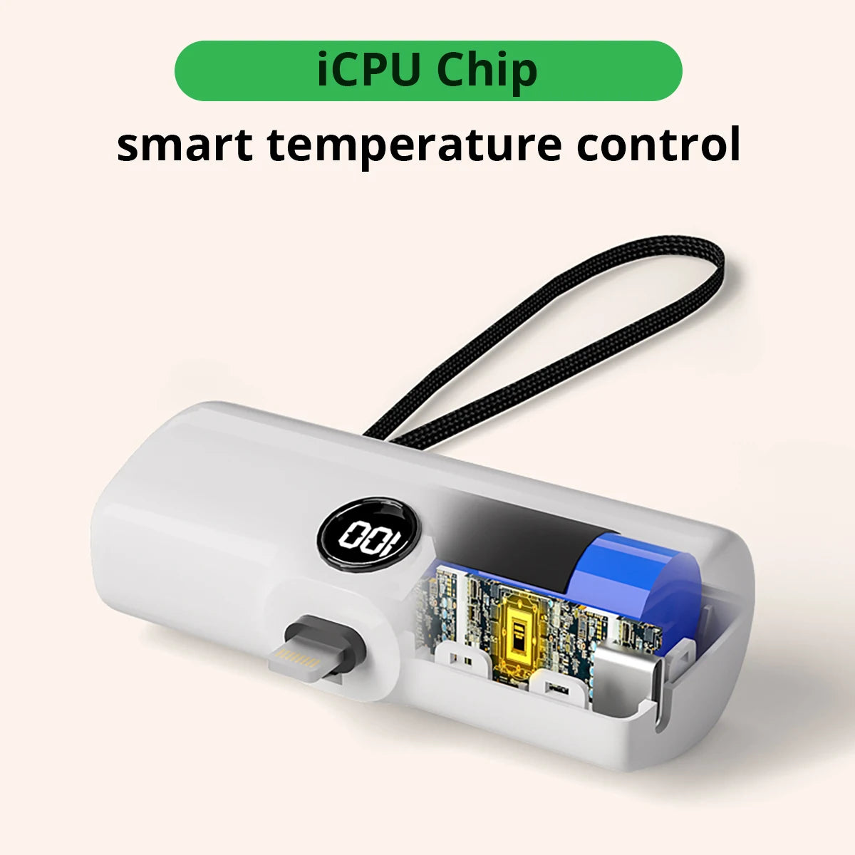 White electronic device with iCPU Chip and smart temperature control text on a white background