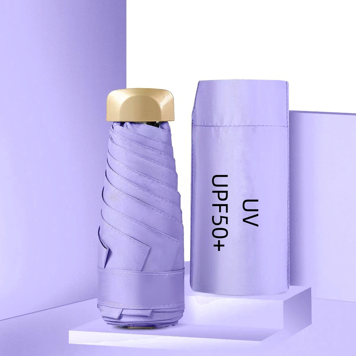 Purple UV sunscreen bottle with gold cap on a light purple background