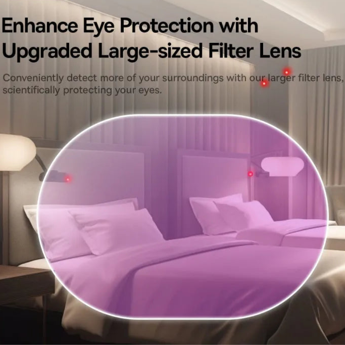 Advertisement for baseus eye protection product with a bedroom scene and close-up of filter lens.