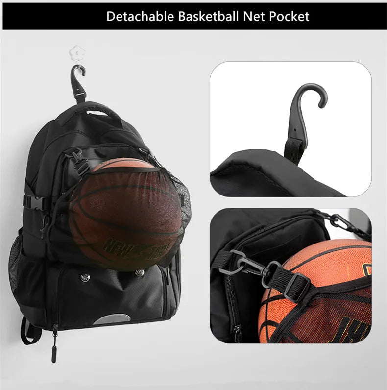 Black backpack with detachable basketball net pocket containing a basketball.