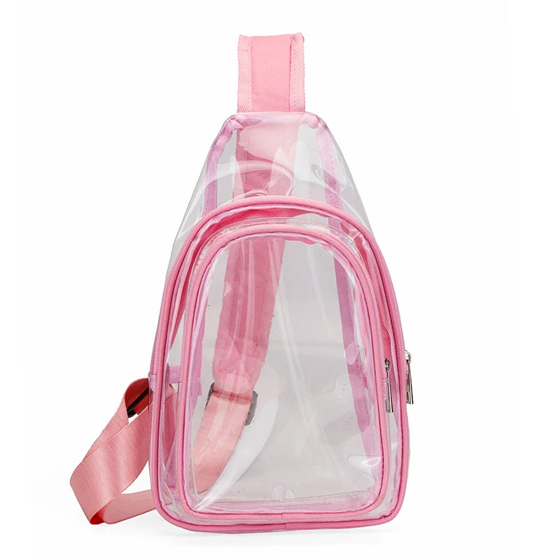 Clear sling bag with pink straps on a white background