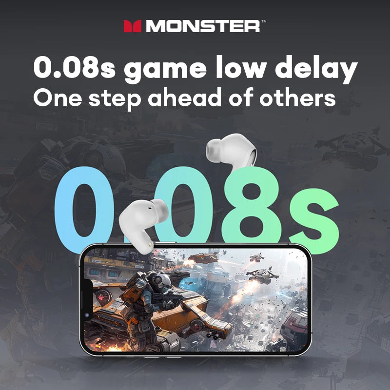 Gaming earbuds with smartphone displaying game on screen, Monster logo visible