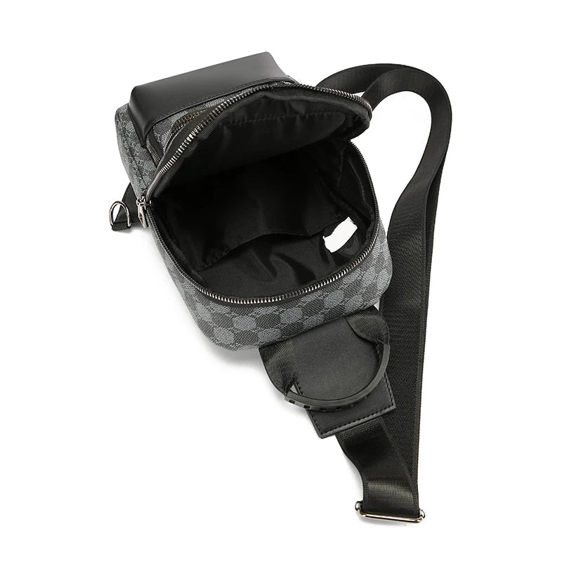 Black and gray checkered backpack with open front pocket on a white background