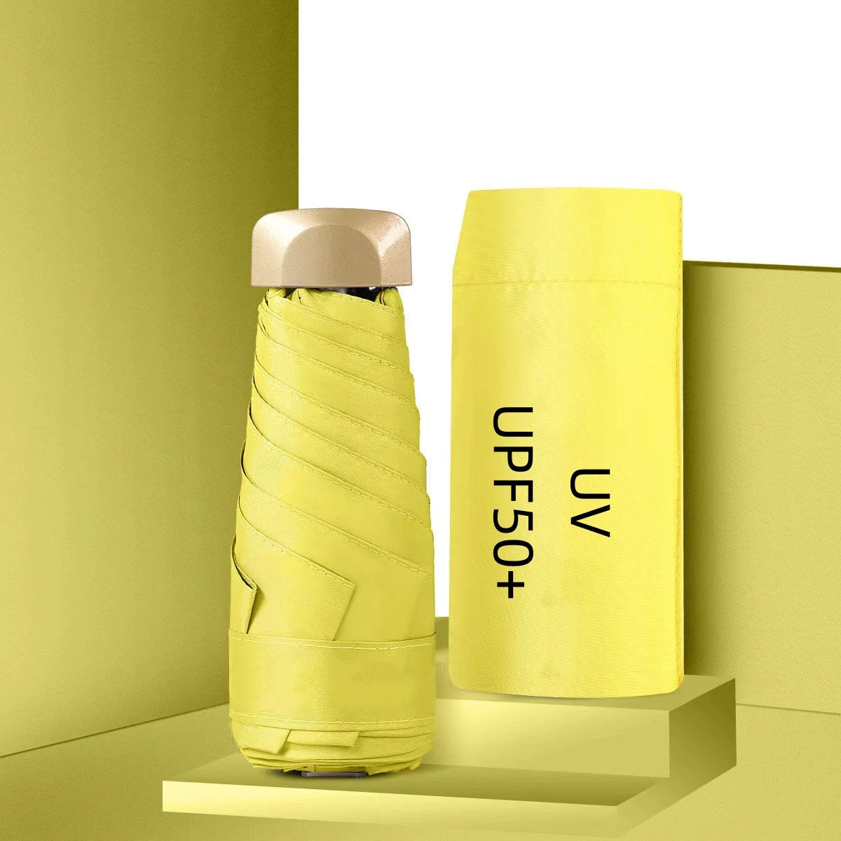 Yellow umbrella with UV protection feature on a matching yellow background