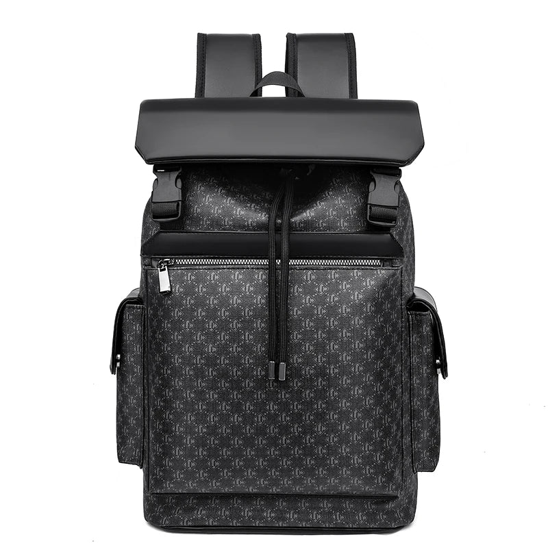 Black backpack with a patterned front section on a white background