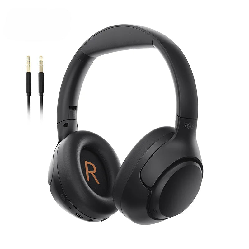 Black over-ear headphones with a cable on a white background