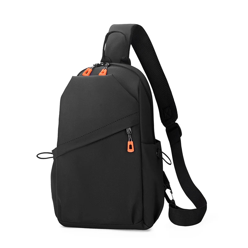 Black sling bag with orange zippers on a white background