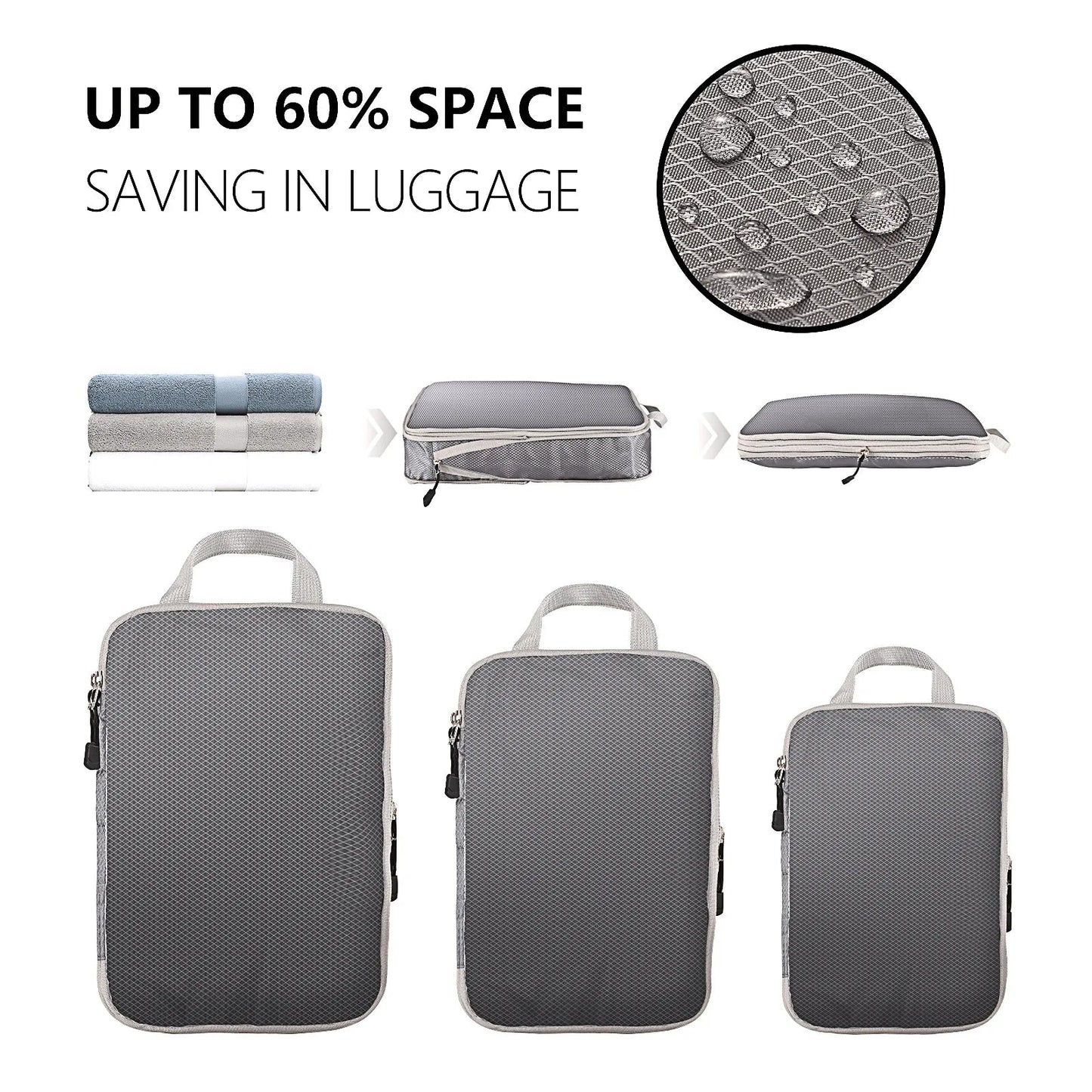 Set of gray compression bags with text highlighting space-saving and waterproof features.