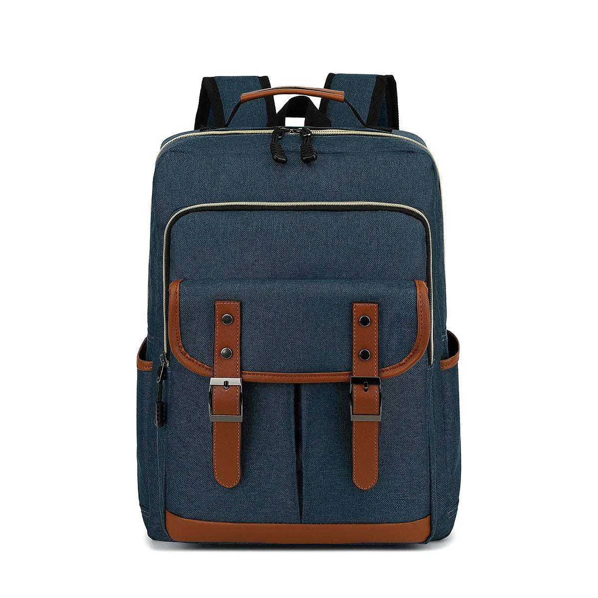 Blue backpack with brown accents on a white background