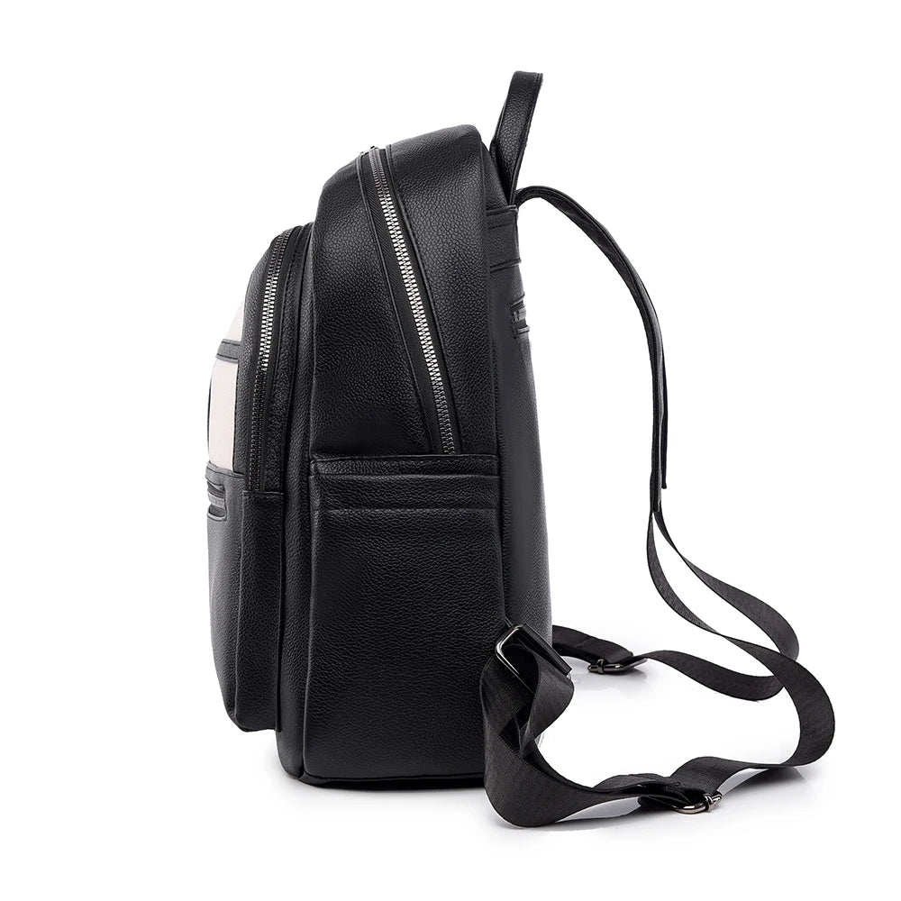 Black backpack with a clear side pocket on a white background