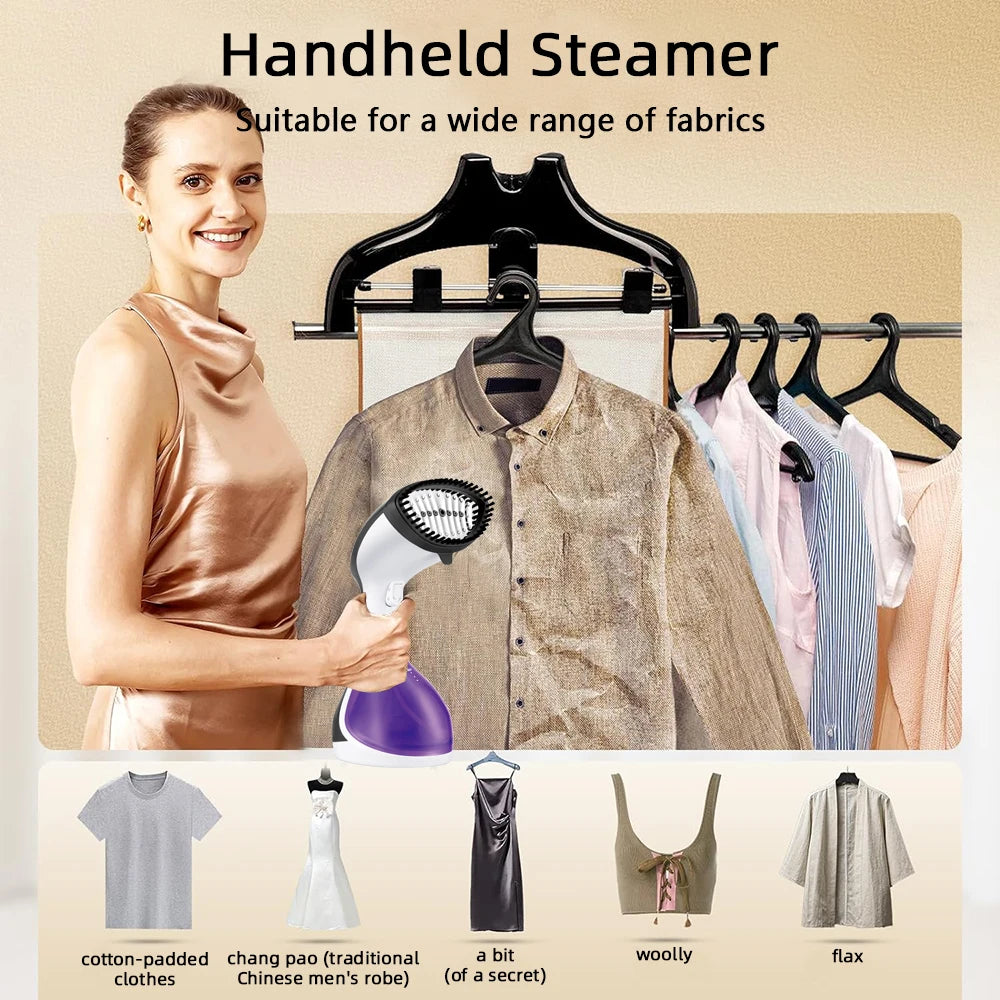 Handheld steamer with a woman holding it, surrounded by hanging clothes on a rack.